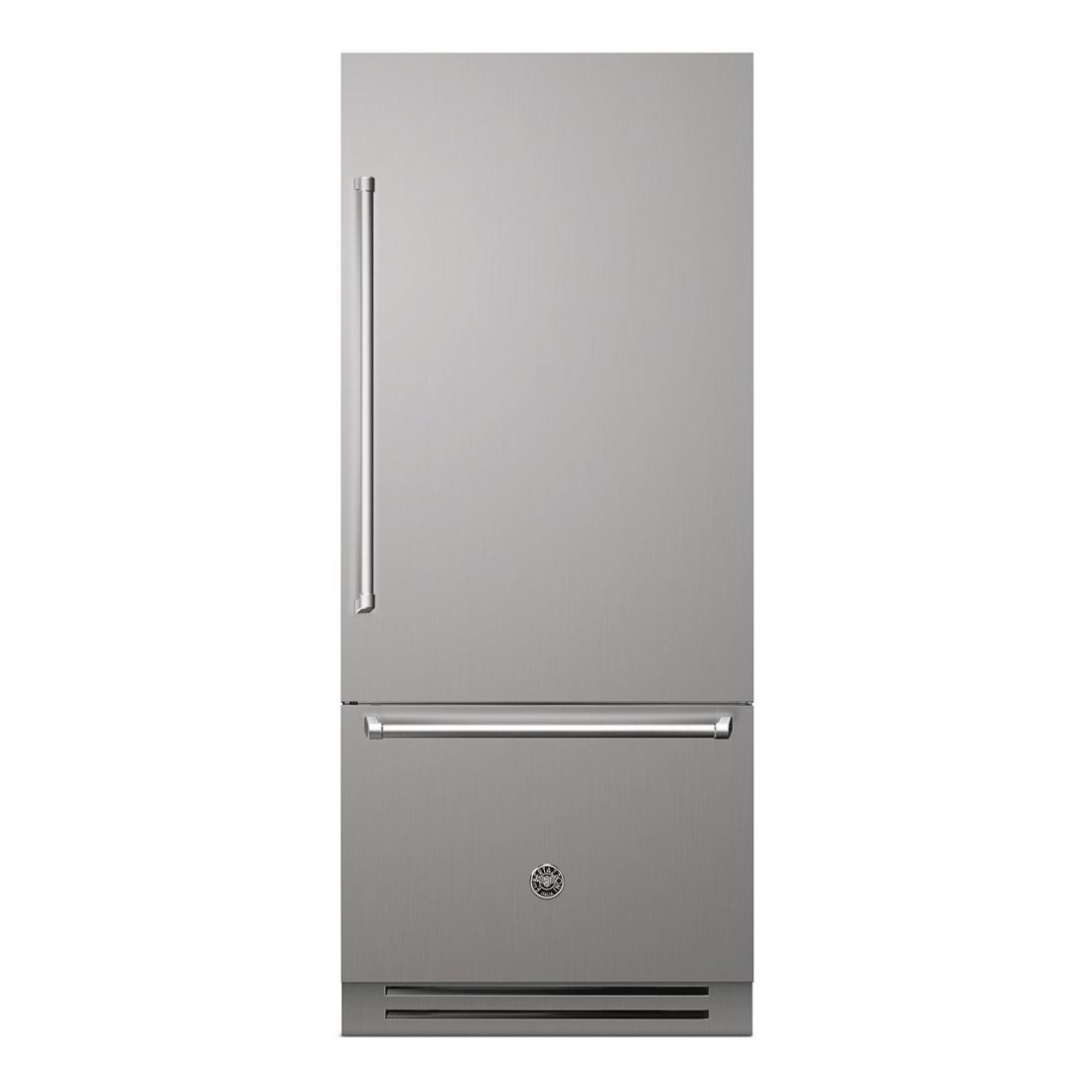Refrigerador Bertazzoni Master 596 litros com design moderno em inox escovado e abertura à direita.